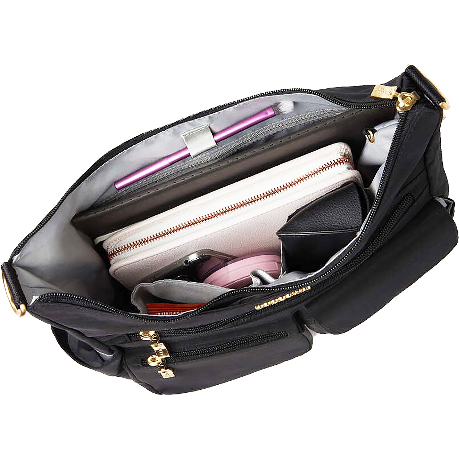 Womens Baggallini Baggallini Modern Everywhere Hobo Black/Gold Nylon Black/Gold Nylon