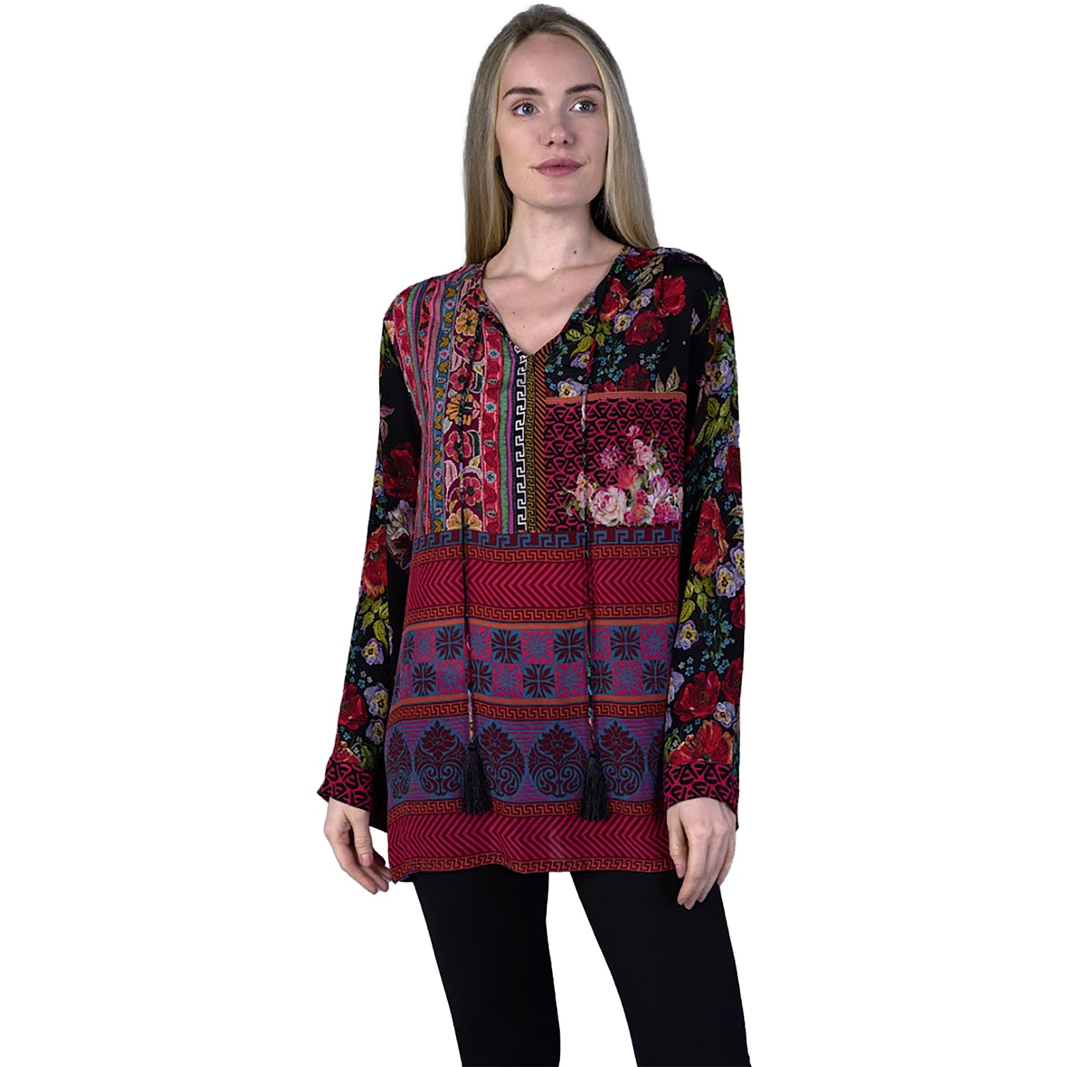 Womens Shana apparel Women's Shana Apparel Silk Viscose L/S Blouse Red Multi Red Multi