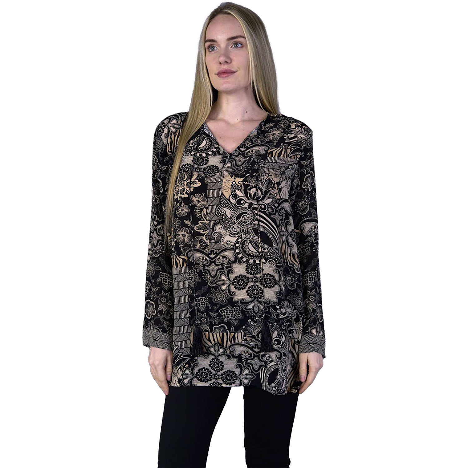 Womens Shana apparel Women's Shana Apparel Silk Viscose L/S Blouse Black/Cream Black/Cream