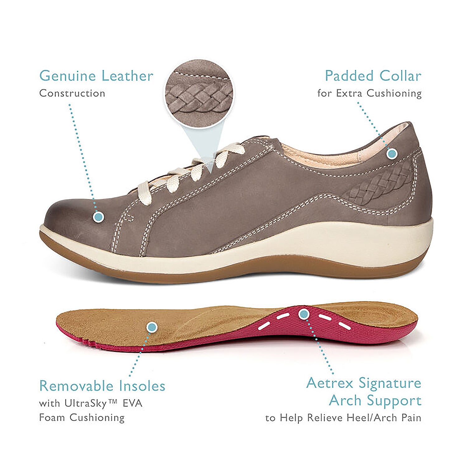 Womens Aetrex Women's Aetrex Dana Warm Grey Leather Warm Grey Leather