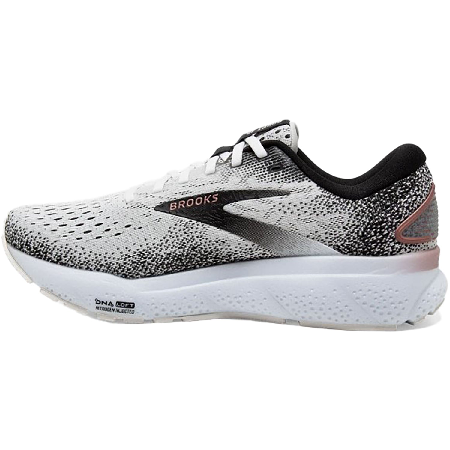 Womens Brooks Women's Brooks Ghost 16 White/Black/Rose Gold Mesh White/Black/Rose Gold Mesh