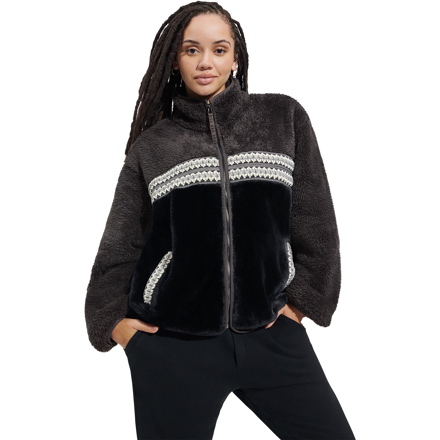 Womens Ugg Women's UGG Marlene Sherpa Jacket Heritage Braid II Black Black