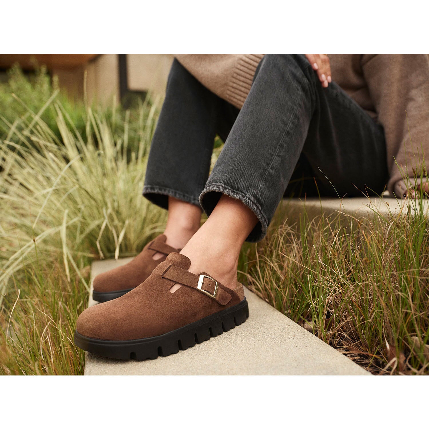 Womens Birkenstock Women's Birkenstock Boston Chunky Dark Tea Suede Dark Tea Suede