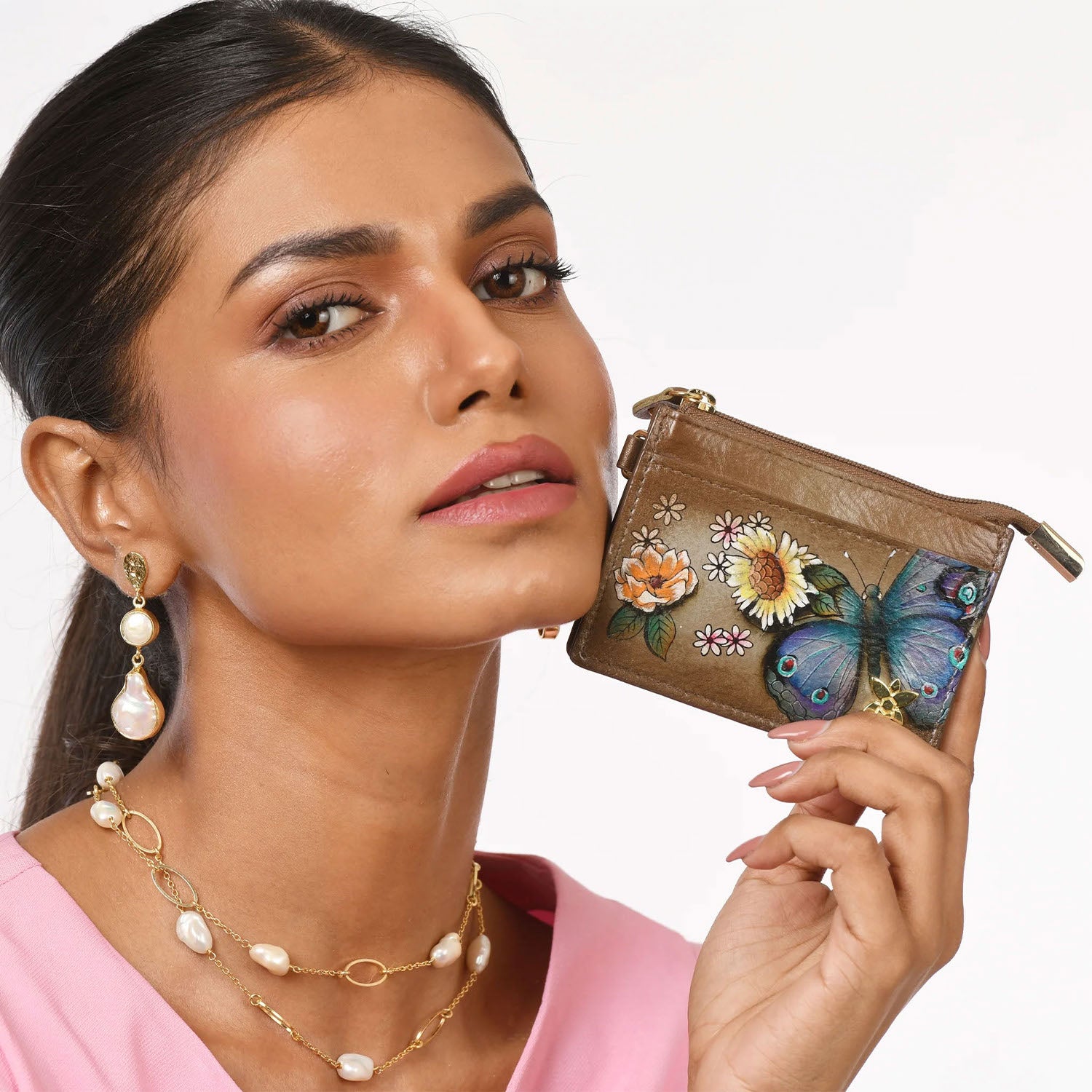 Womens Anuschka Anuschka Card Case Butterfly Blooms Bronze Leather Butterfly Blooms Bronze Leather