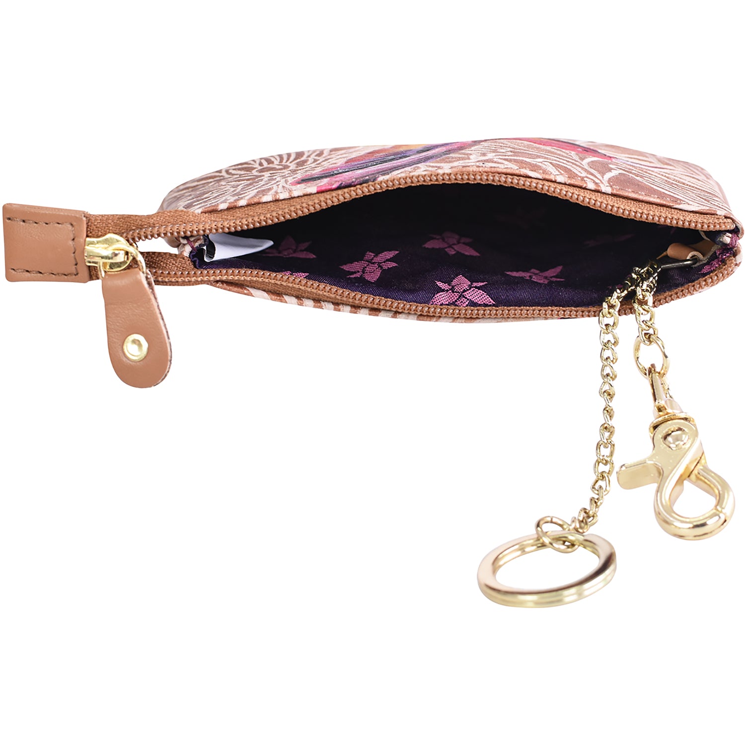 Womens Anuschka Anuschka Medium Zip Pouch Tooled Birds Tan Leather Tooled Birds Tan Leather