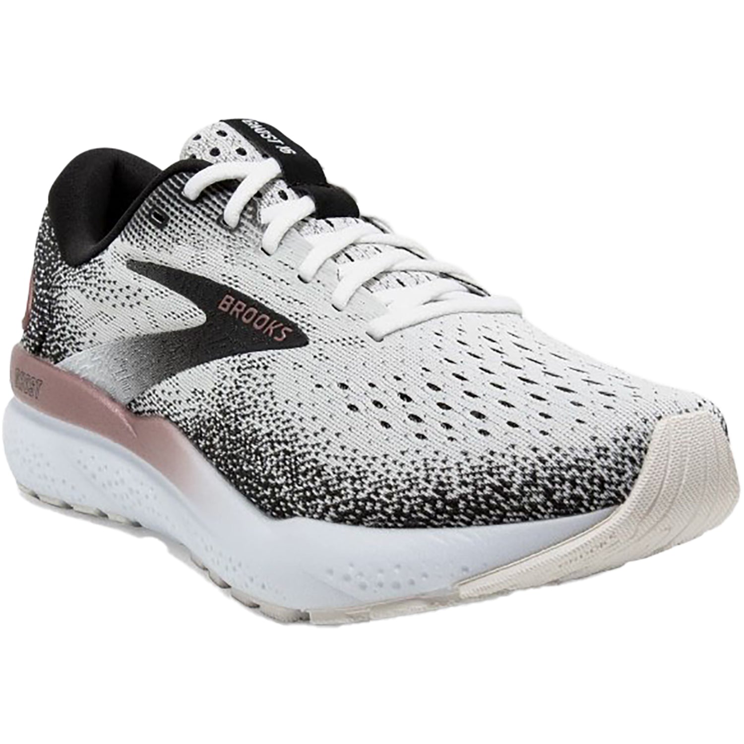 Womens Brooks Women's Brooks Ghost 16 White/Black/Rose Gold Mesh White/Black/Rose Gold Mesh