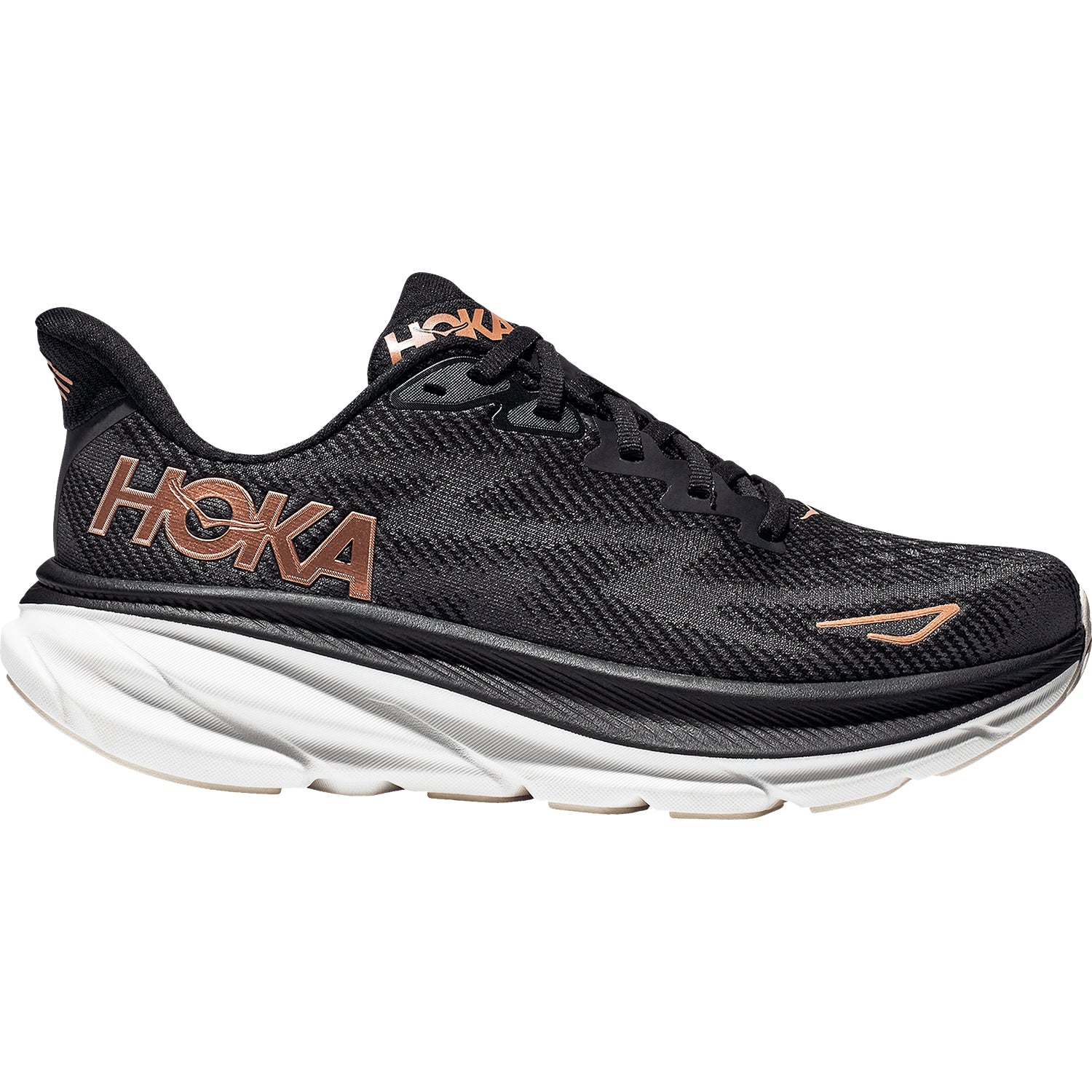 Womens Hoka one one Women's Hoka Clifton 9 Black/Rose Gold Mesh Black/Rose Gold Mesh