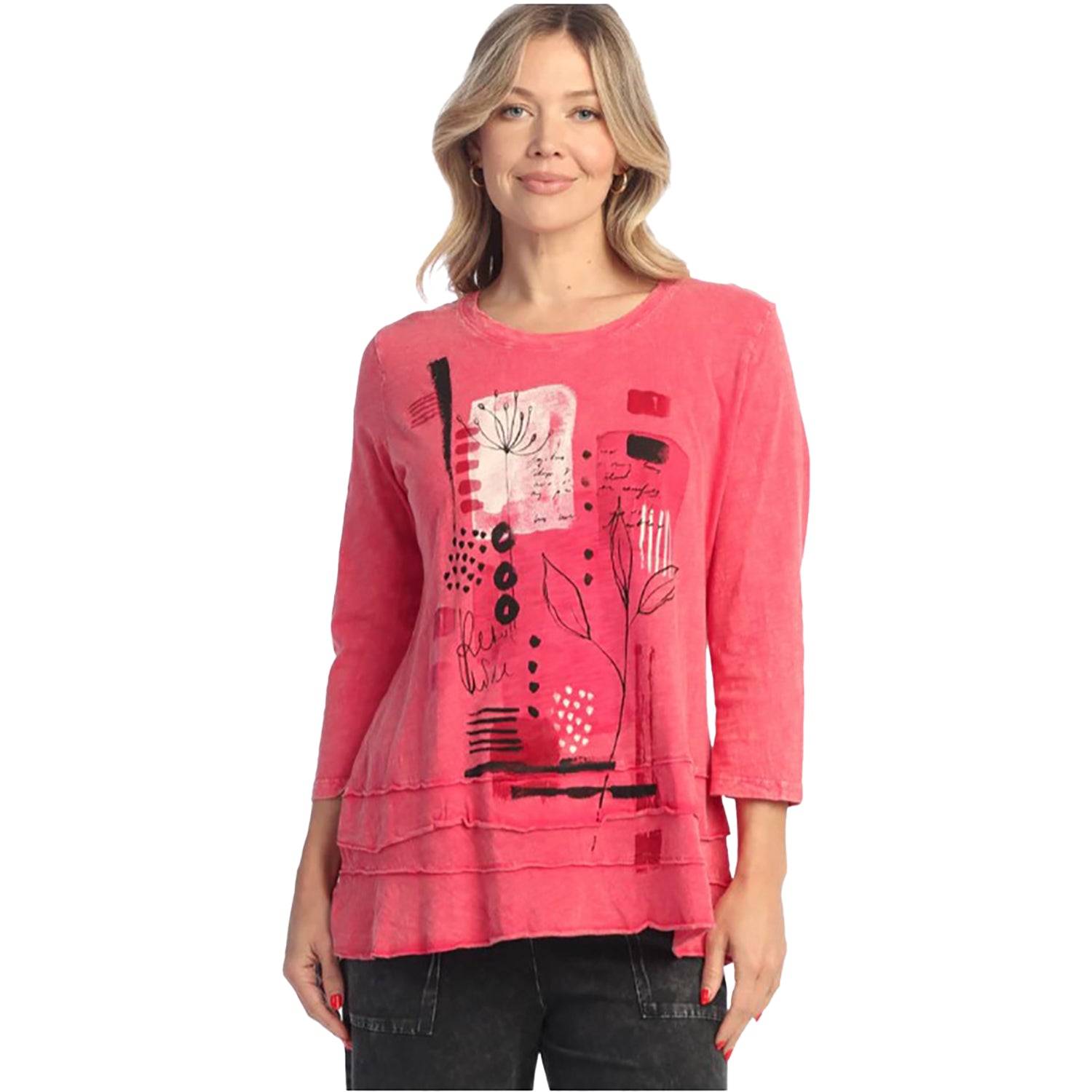 Womens Jess & jane Women's Jess & Jane Mineral Wash 3/4 Slv Raspberry Foliage Raspberry Foliage
