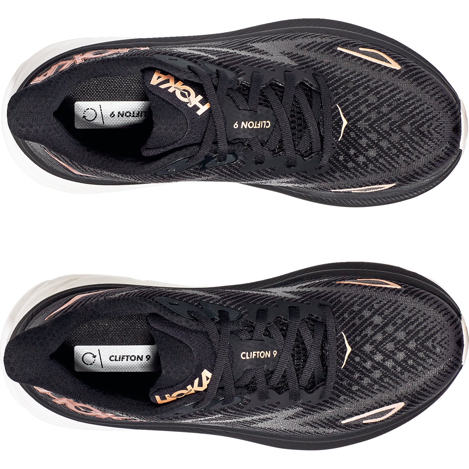 Womens Hoka one one Women's Hoka Clifton 9 Black/Rose Gold Mesh Black/Rose Gold Mesh
