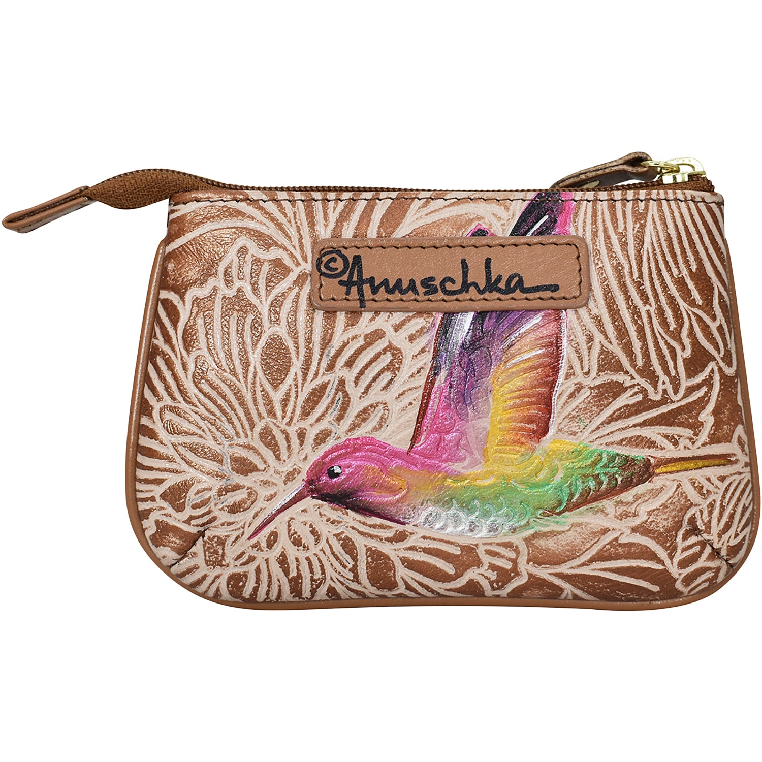 Womens Anuschka Anuschka Medium Zip Pouch Tooled Birds Tan Leather Tooled Birds Tan Leather