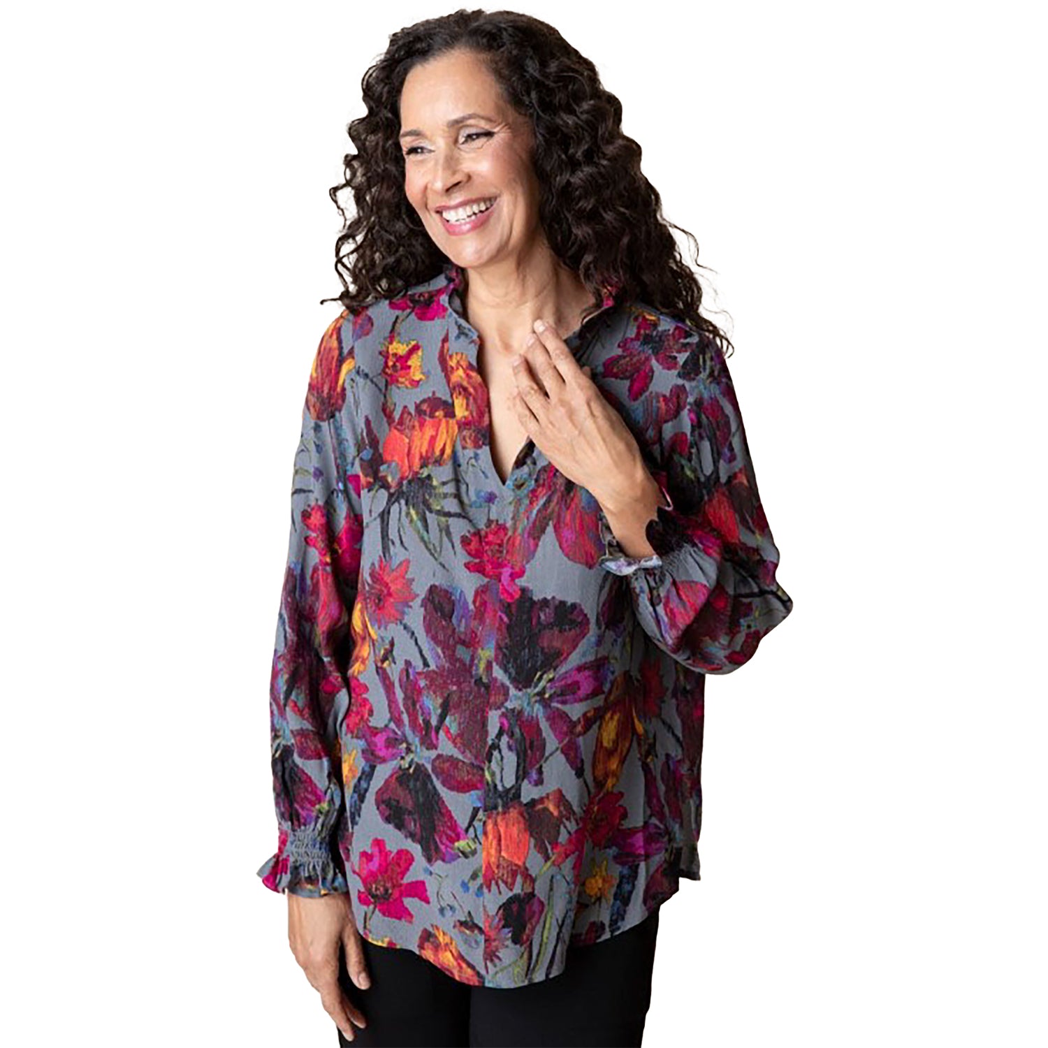 Womens Habitat Women's Habitat Flounce Collar Pullover Iron Botanical Bliss Iron Botanical Bliss