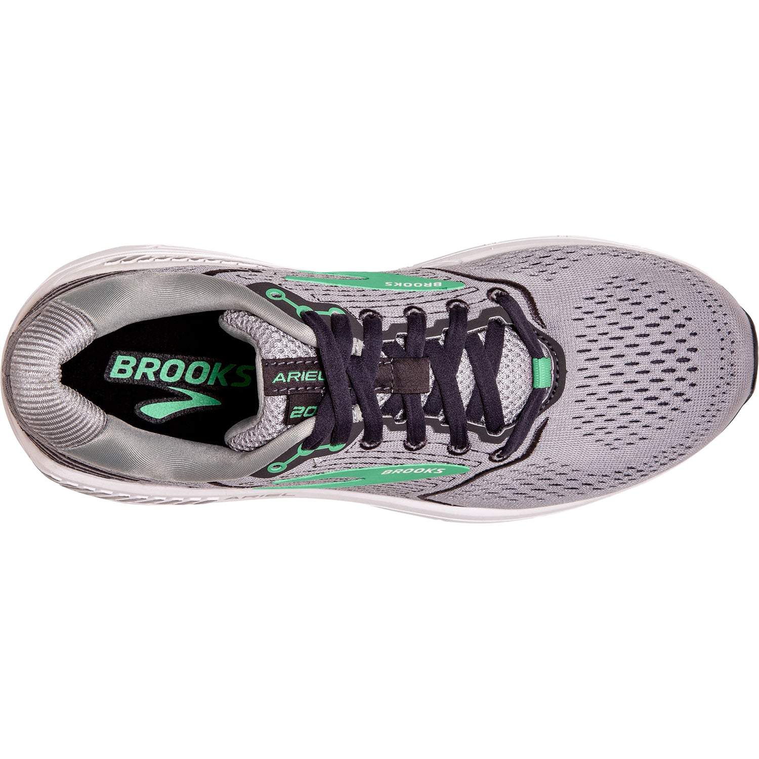 Womens Brooks Women's Brooks Ariel 20 Alloy/Blackened Pearl/Green Mesh Alloy/Blackened Pearl/Green Mesh