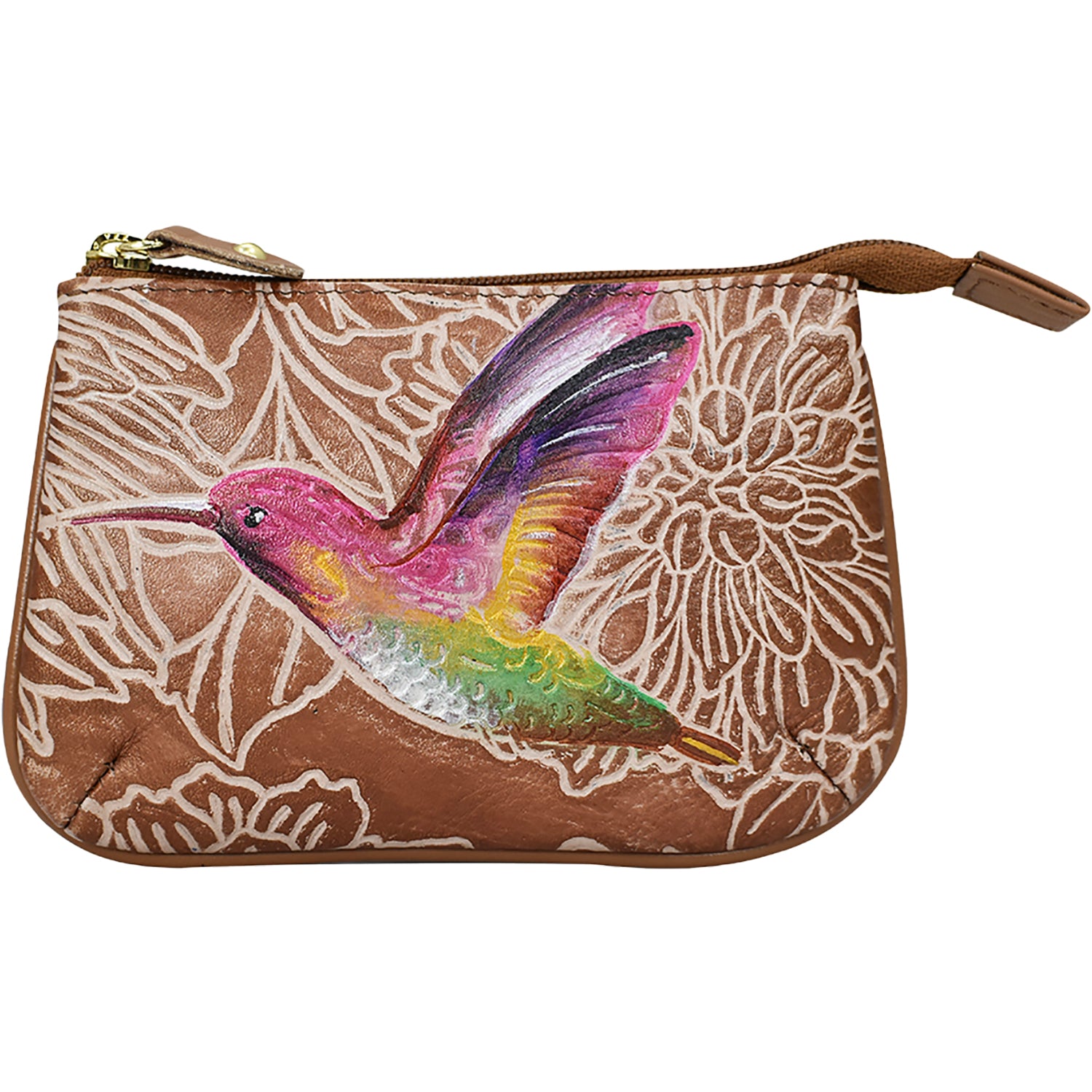 Womens Anuschka Anuschka Medium Zip Pouch Tooled Birds Tan Leather Tooled Birds Tan Leather