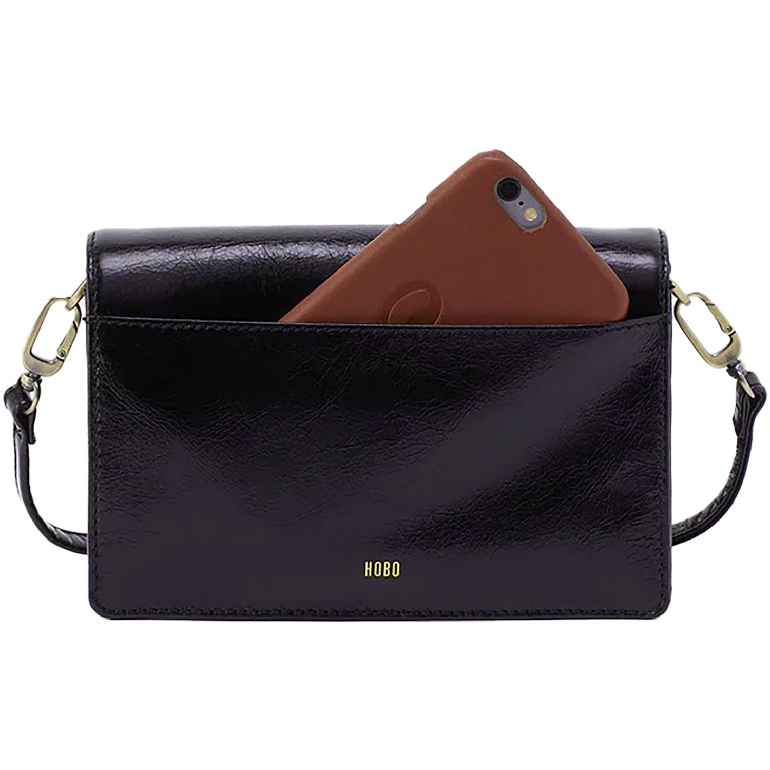 Womens Hobo Jill Phone Crossbody Black Polished Leather Black