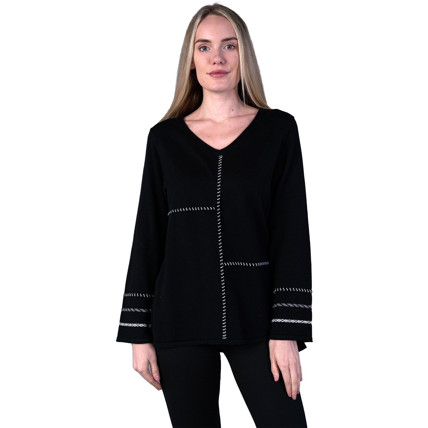 Womens Shana apparel Women's Shana Apparel V-Neck Top Switch Sweater Black/White Black/White