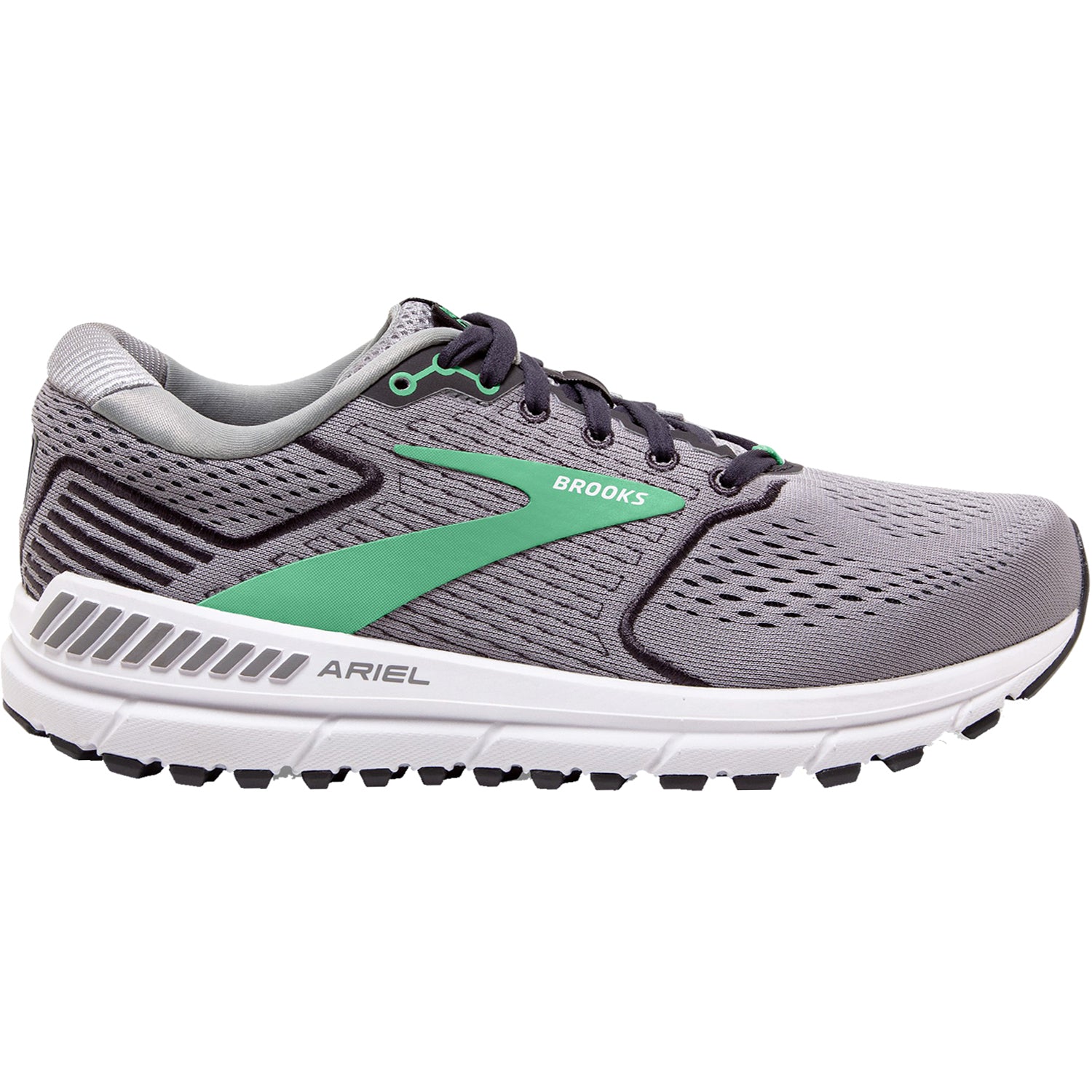 Womens Brooks Women's Brooks Ariel 20 Alloy/Blackened Pearl/Green Mesh Alloy/Blackened Pearl/Green Mesh