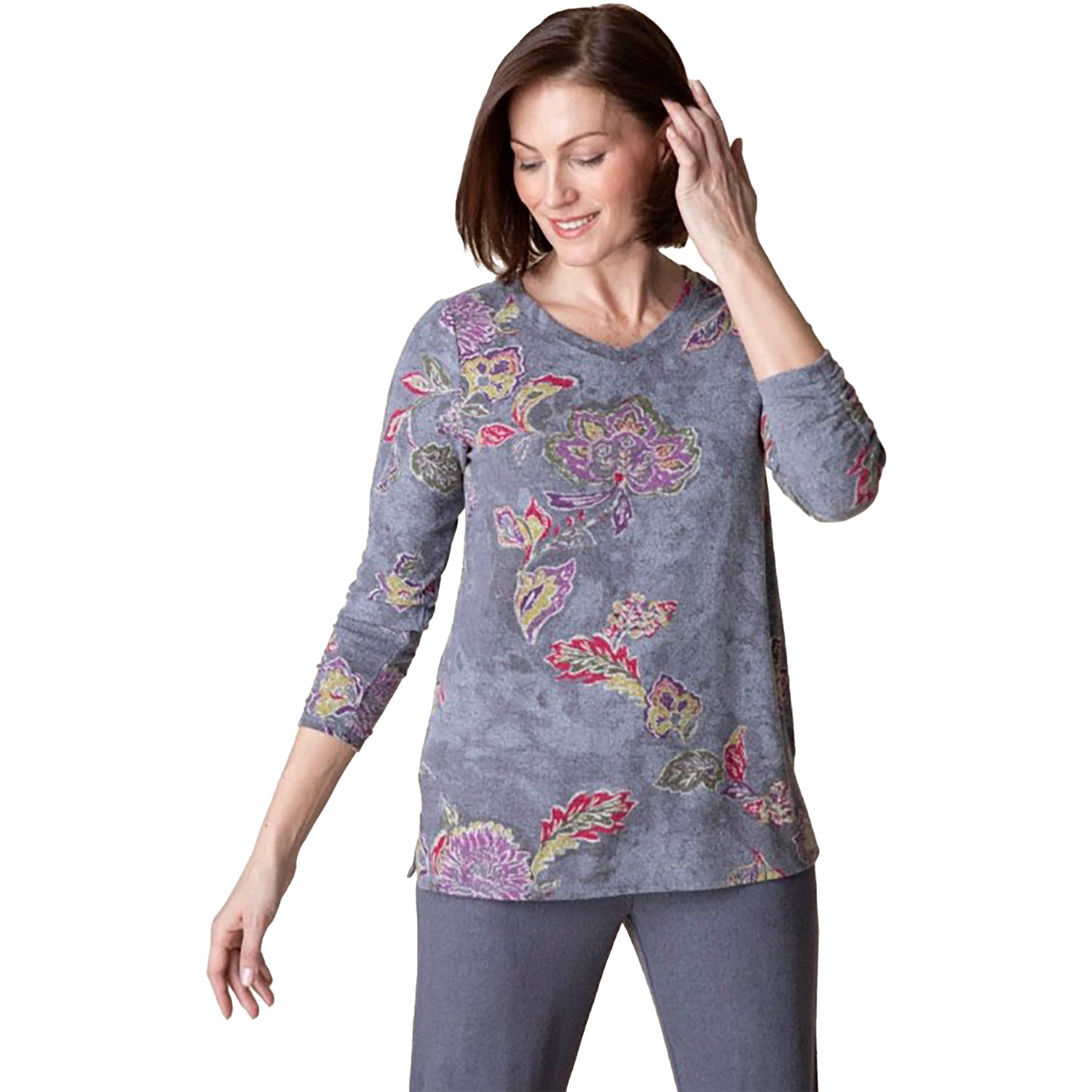 Womens Habitat Women's Habitat Ruched V Neck Iron Vintage Floral Iron Vintage Floral