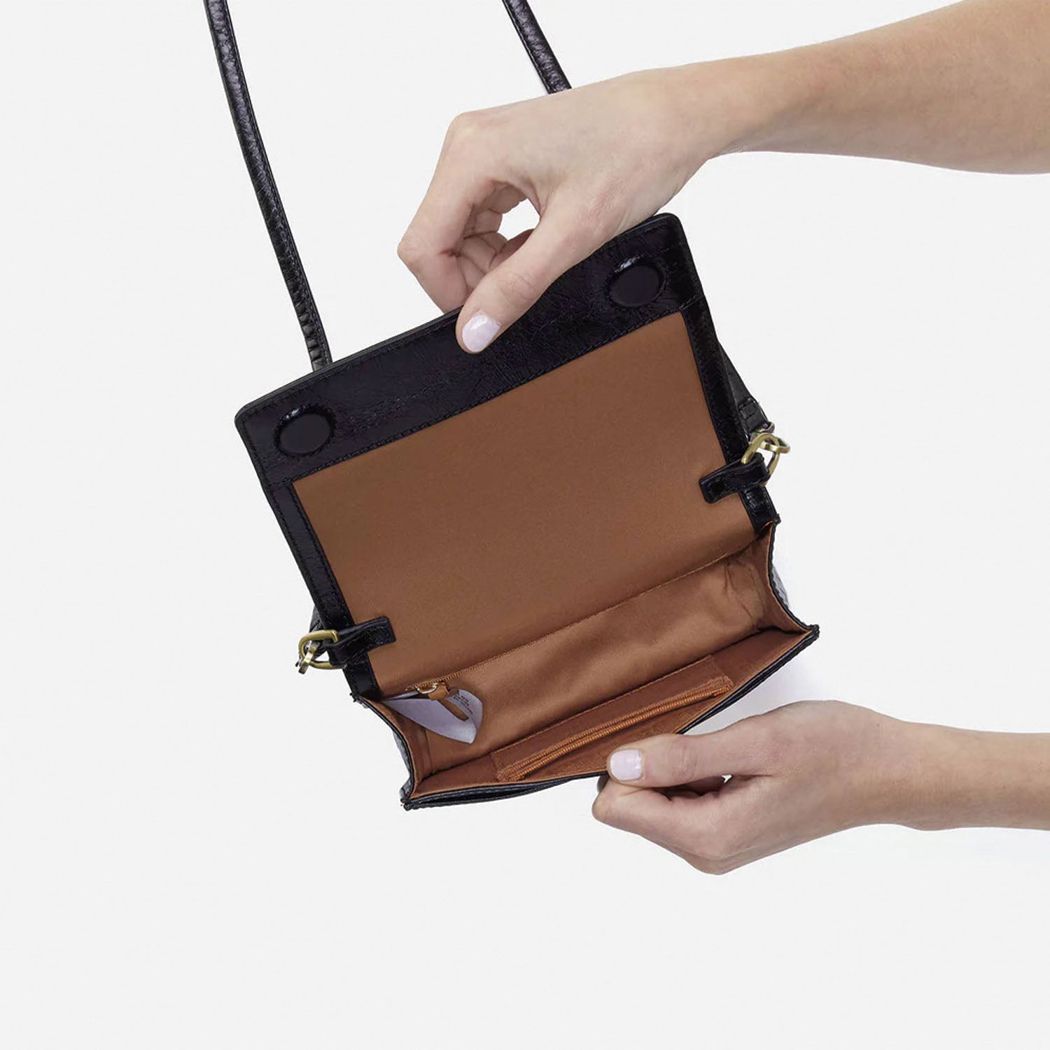 Womens Hobo Jill Phone Crossbody Black Polished Leather Black