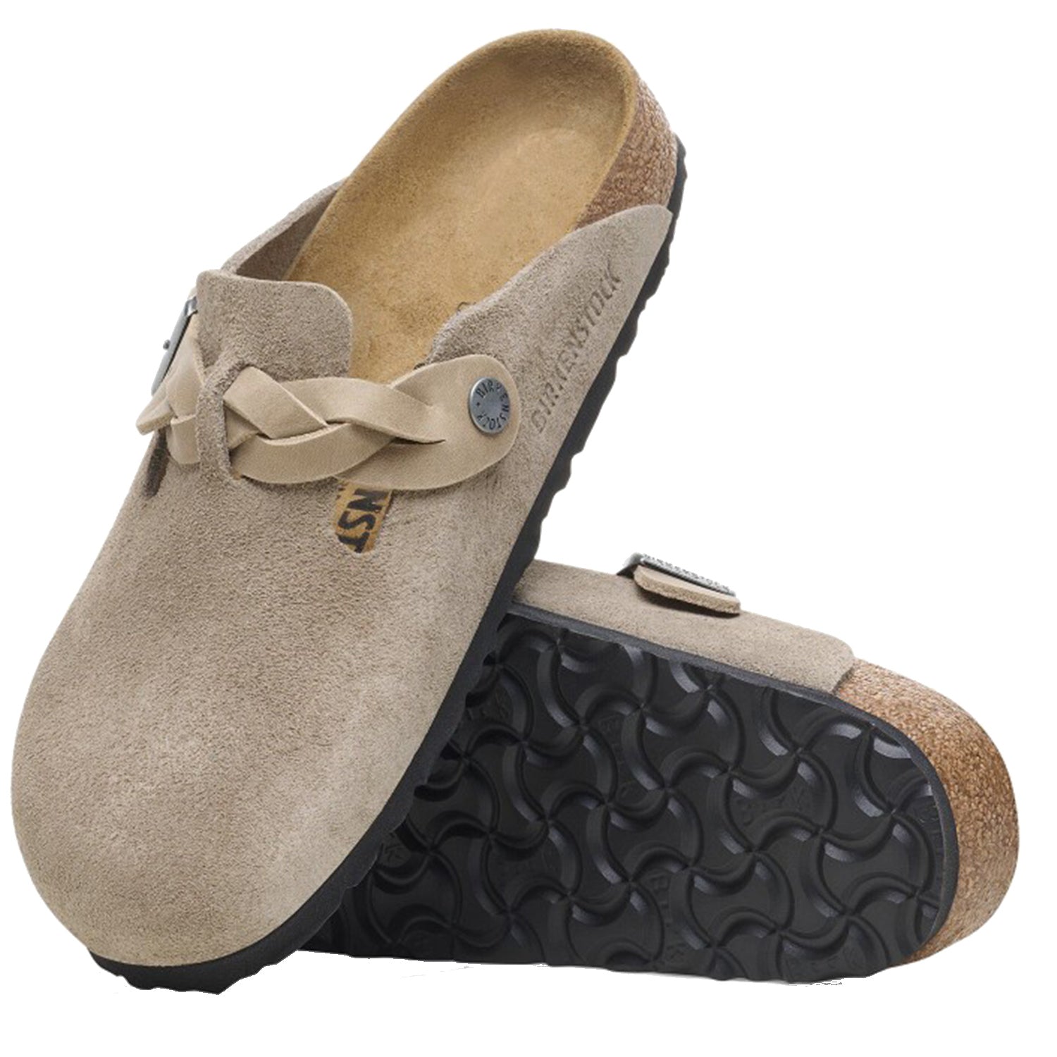 Womens Birkenstock Women's Birkenstock Boston Braid Taupe Suede/Oiled Leather Taupe