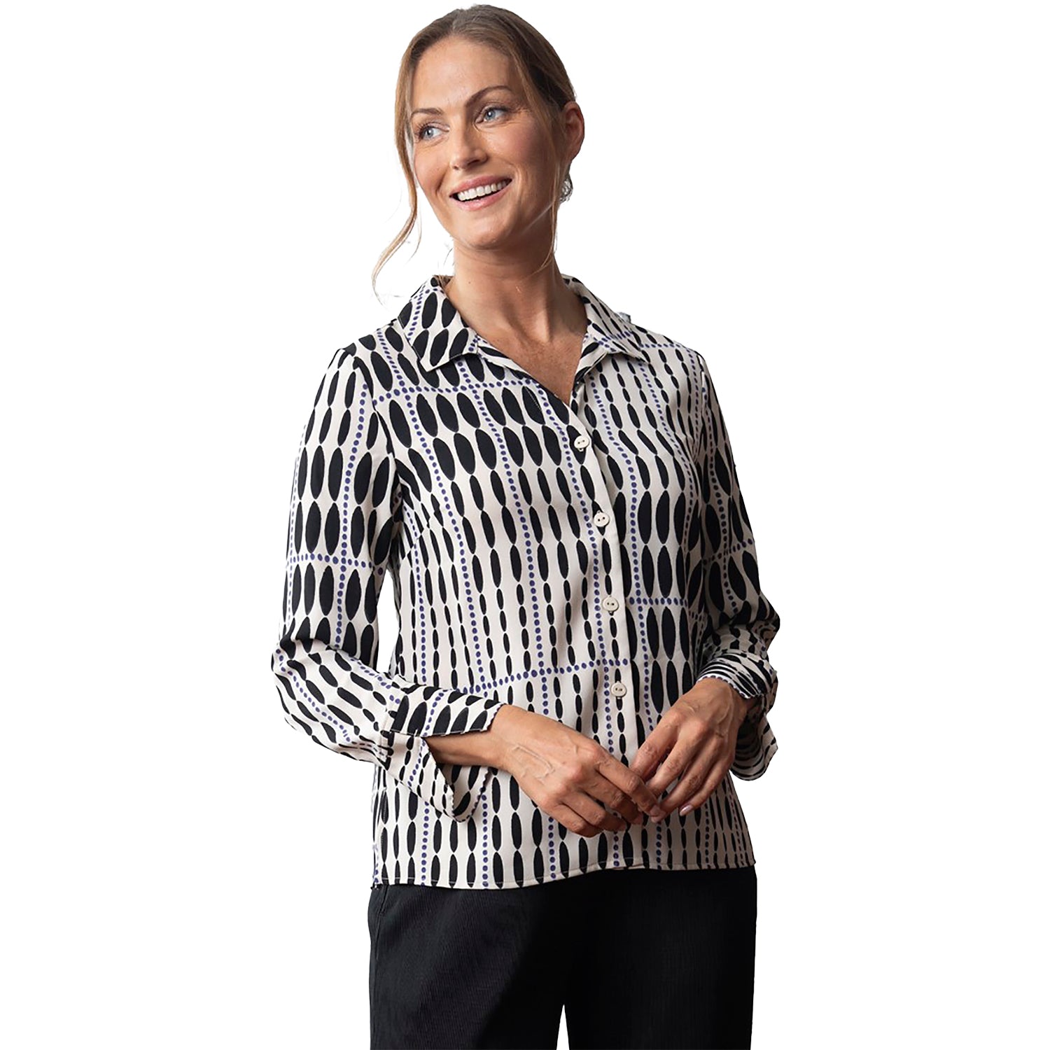 Womens Olivia by habitat Women's Olivia By Habitat Crepe Georgette V-Neck Buttondown Shirt Raindrop Grid Shell Shell