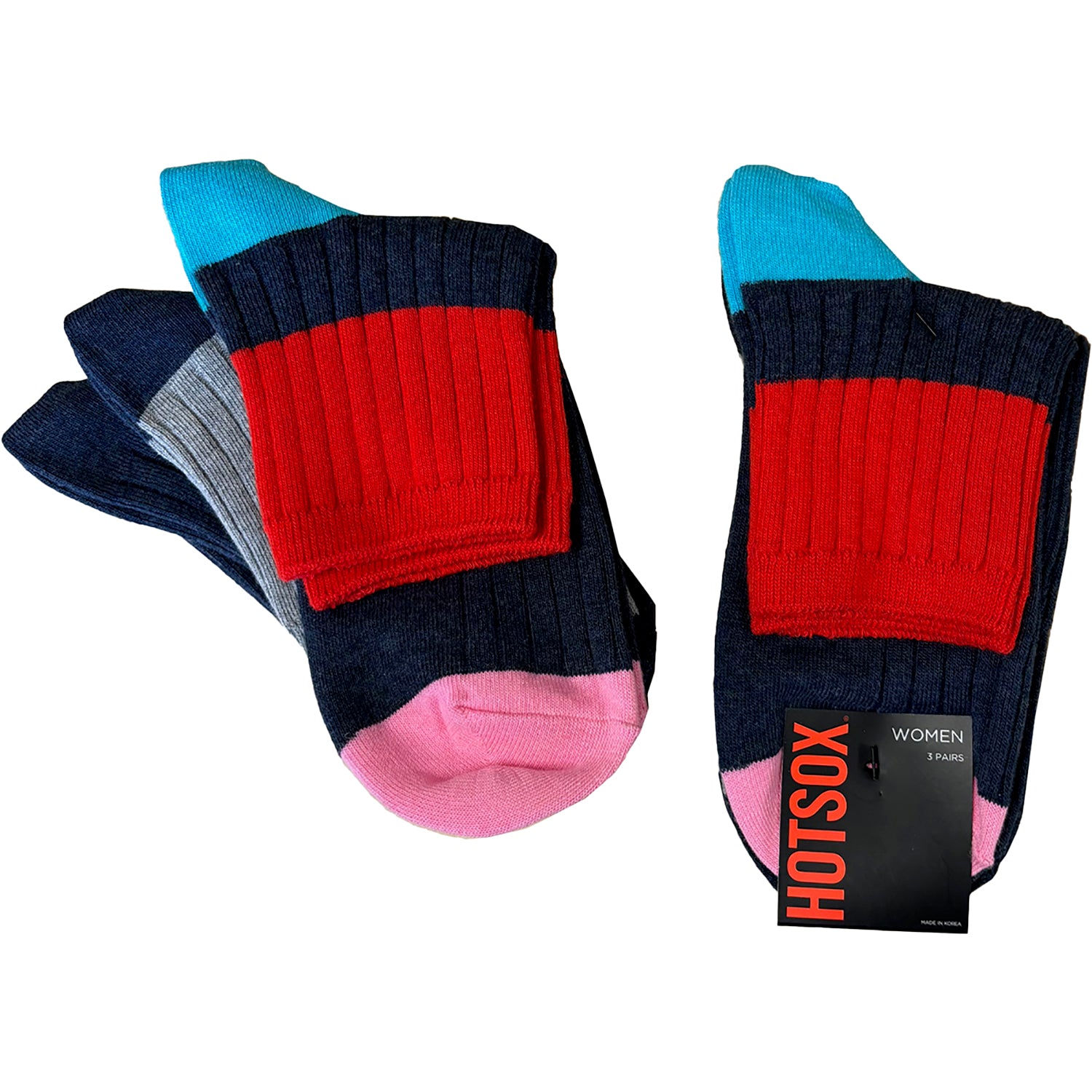 Womens Hot sox Women's Hot Sox Rib Colorblock Ankle  3pk Denim/Grey/Multi Denim/Grey/Multi