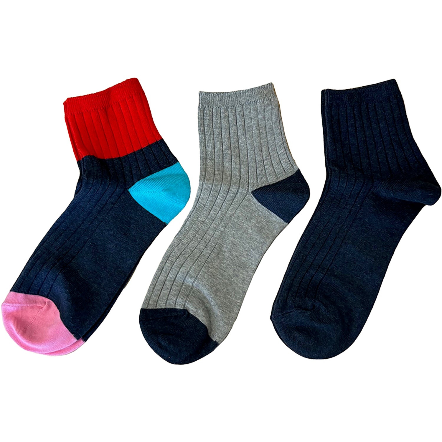 Womens Hot sox Women's Hot Sox Rib Colorblock Ankle  3pk Denim/Grey/Multi Denim/Grey/Multi